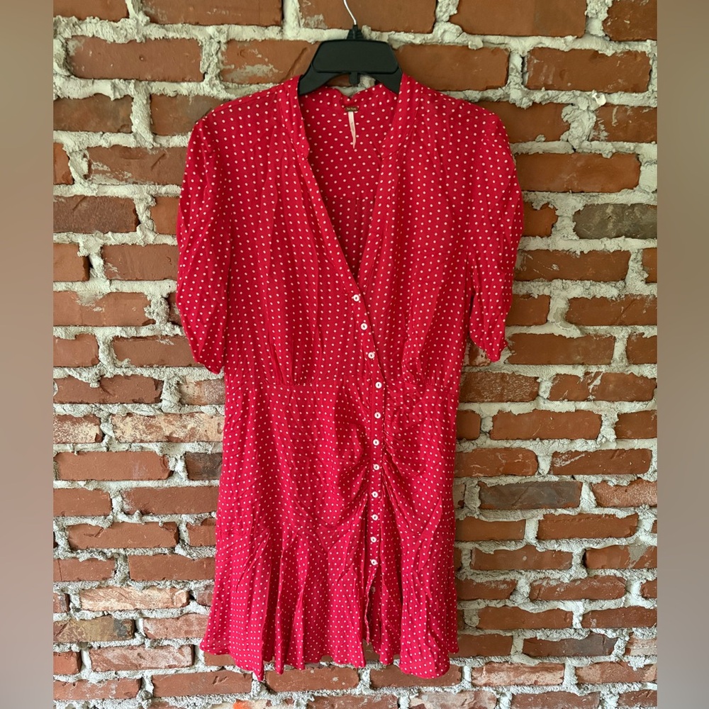 Free People Red Polka Dot Button Front Mini Dress size L